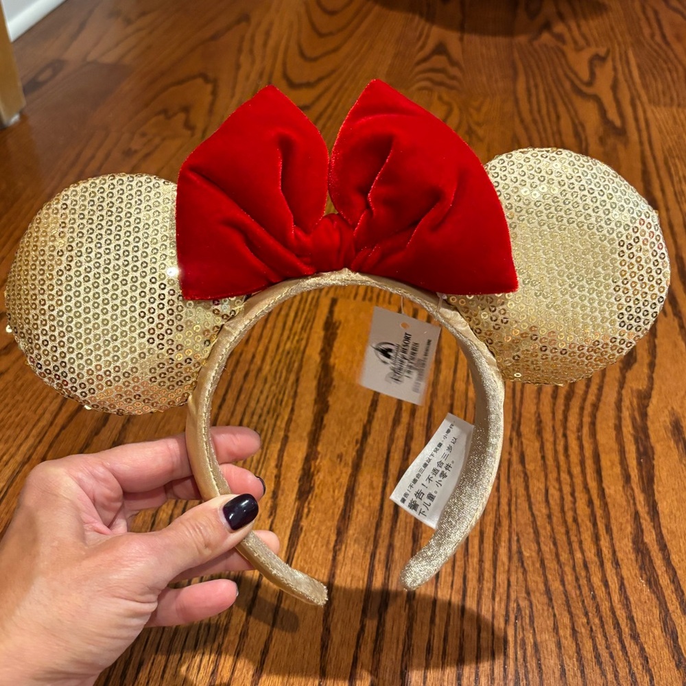 NWT Disney Parks Gold sequin with Red Velvet Bow!